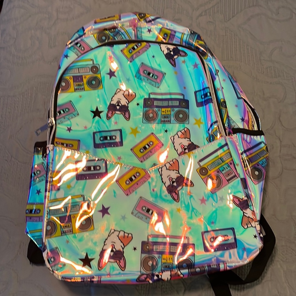 Wonder Nation Silver Iridescent Puppies and Cassette Tapes School Backpack